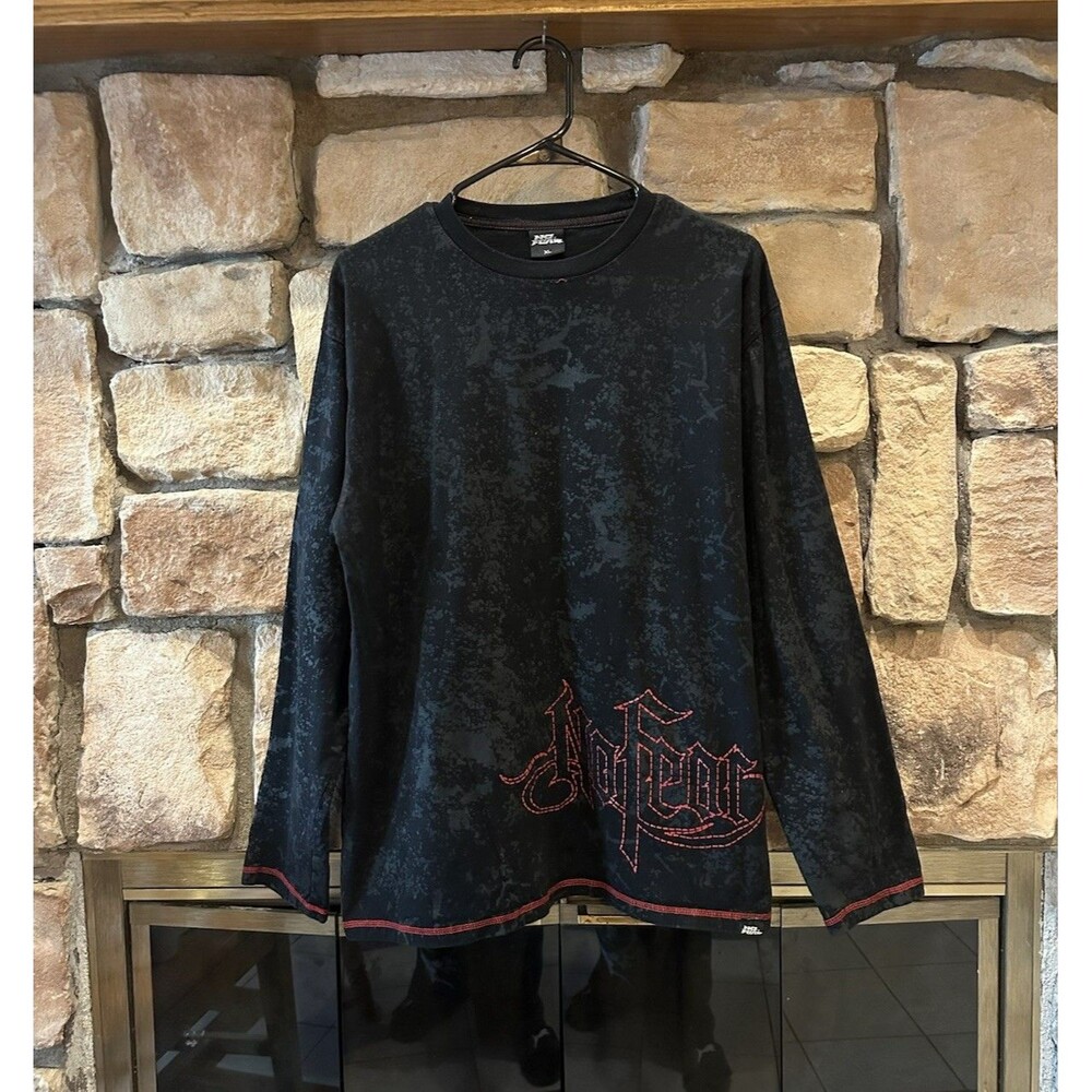 VTG No Fear Black Long Sleeve T Shirt XL Men Y2K Skate Paint Splatter Red Eyes